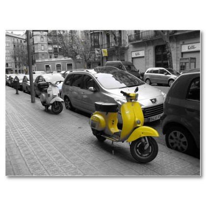 Αφίσα (μαύρο, λευκό, άσπρο, vespa, πόλη, κτίρια)